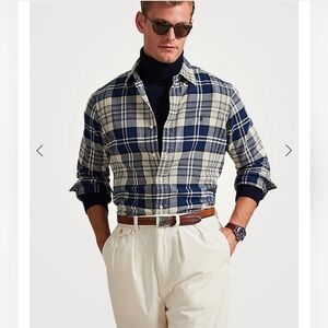 Ralph Lauren Classic Fit Brushed Cotton Navy and Cream Plaid Flannel Shirt